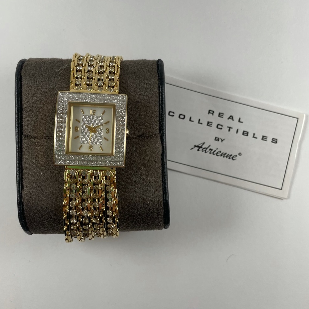 Real Collectibles by Adrienne Gold-tone Crystal Square Face Bracelet Watch